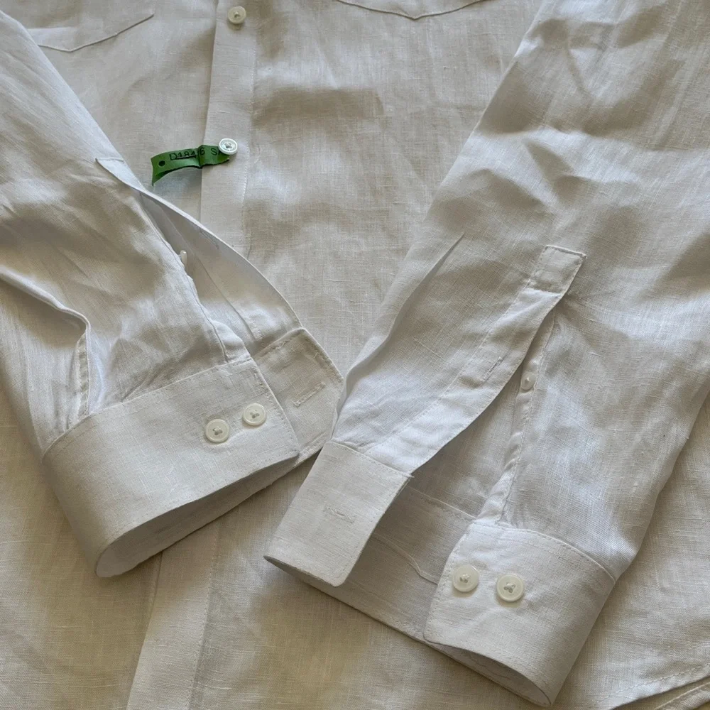 Calvin Klein Linen Shirt‎ Men’s Large White Roll Tab Sleeves Resort Quiet Luxury